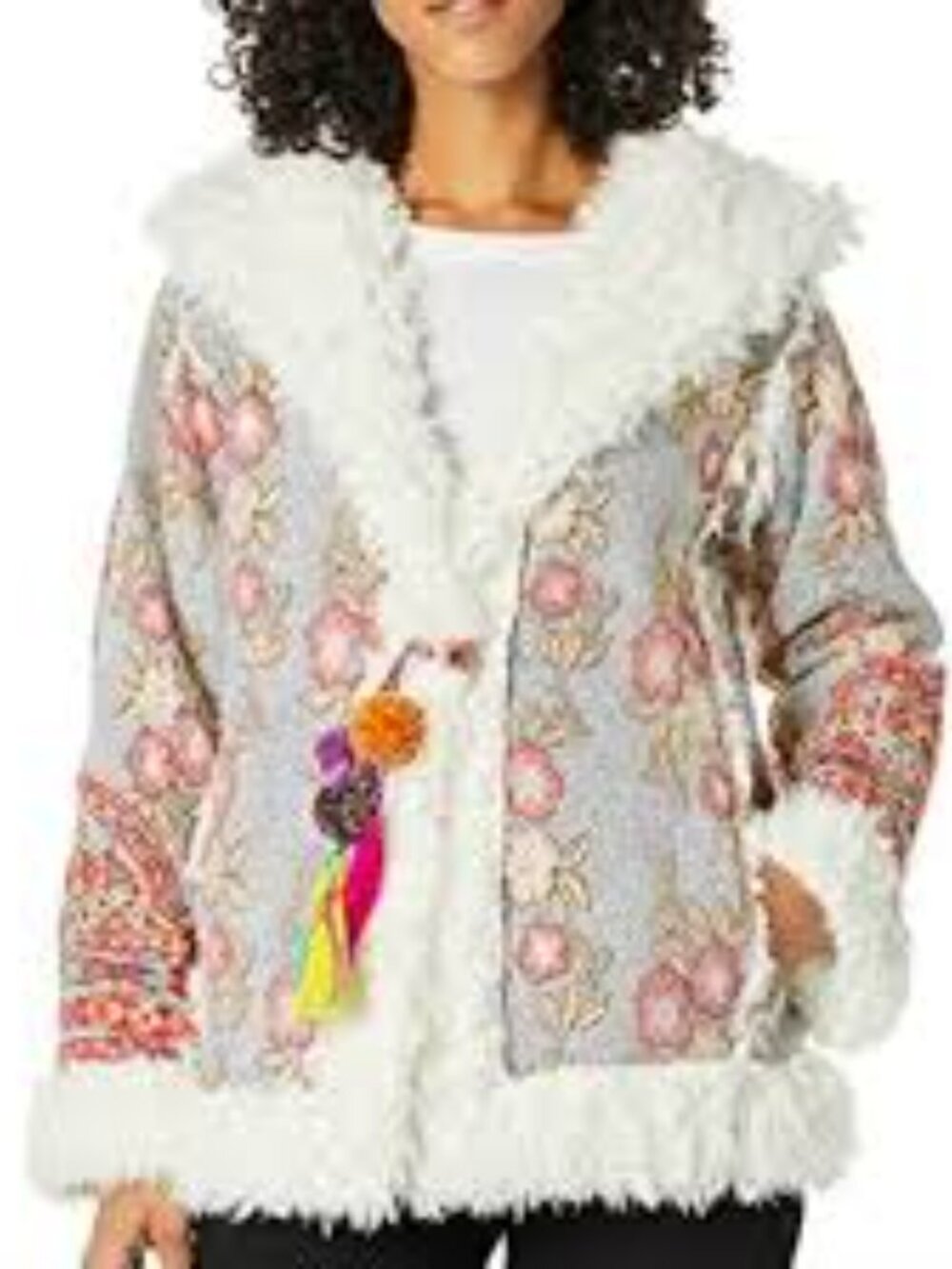 JOHNNY WAS BIYA QUARDA FLORAL JACQUARD EMBROIDERED FAUX FUR TASSEL JACKET MEDIUM